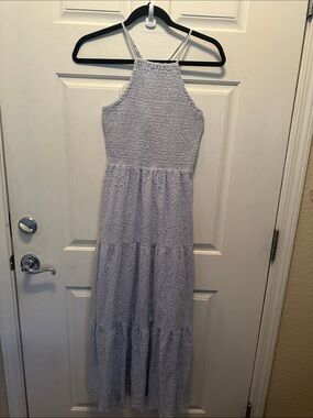 Simplee Apparel Lavender Eyelet Smocked Halter Maxi Dress